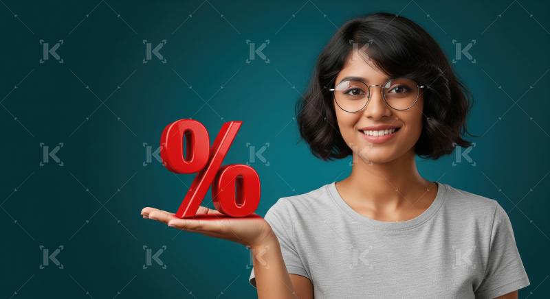 Young woman holding a large red percentage symbol in her hand ag
