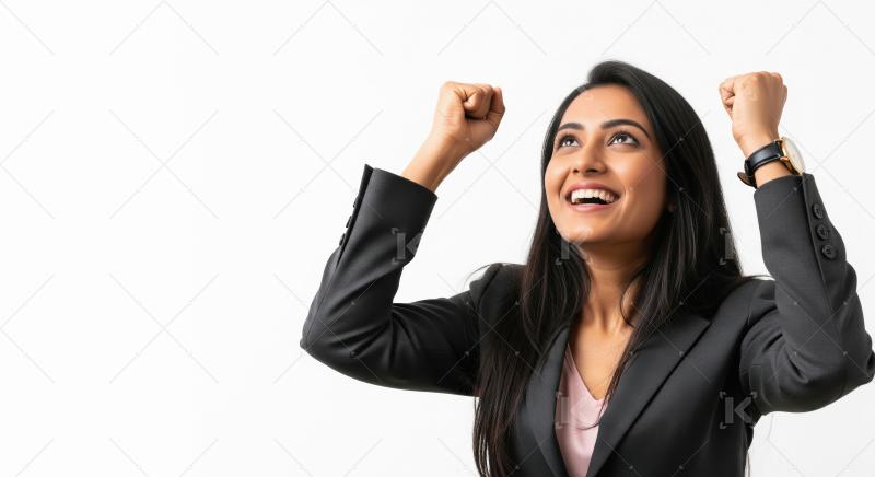 Young Indian businesswoman in a suit raises her arms in triumph,