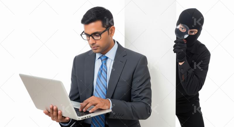 Businessman working on a laptop unaware of a masked cybercrimina