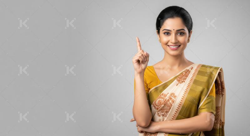 Confident Indian woman in a traditional saree, raising her index