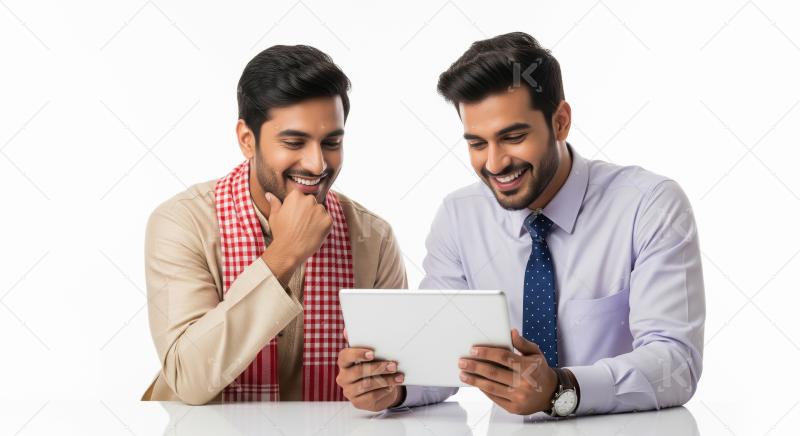 Two young Indian professionals, one in traditional attire and on