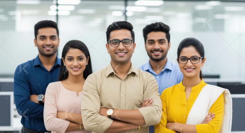 Confident group of five young professionals standing with folded
