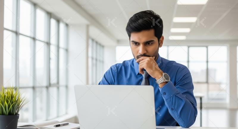 Thoughtful young professional working alone at a laptop in a bri