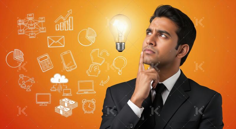 Young businessman in a suit standing against an orange backgroun