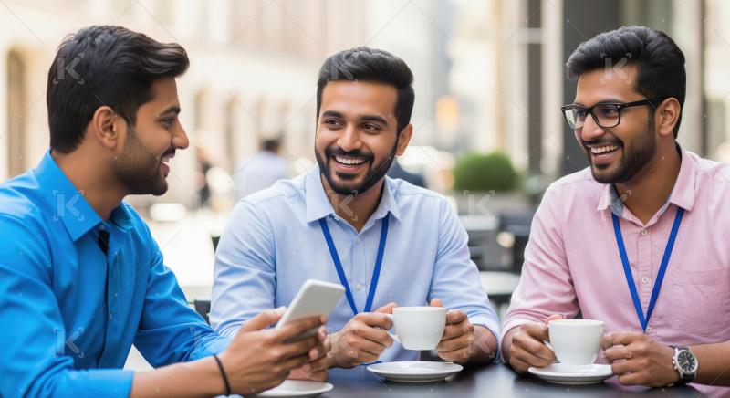 Three cheerful young Indian professionals enjoy a lively coffee