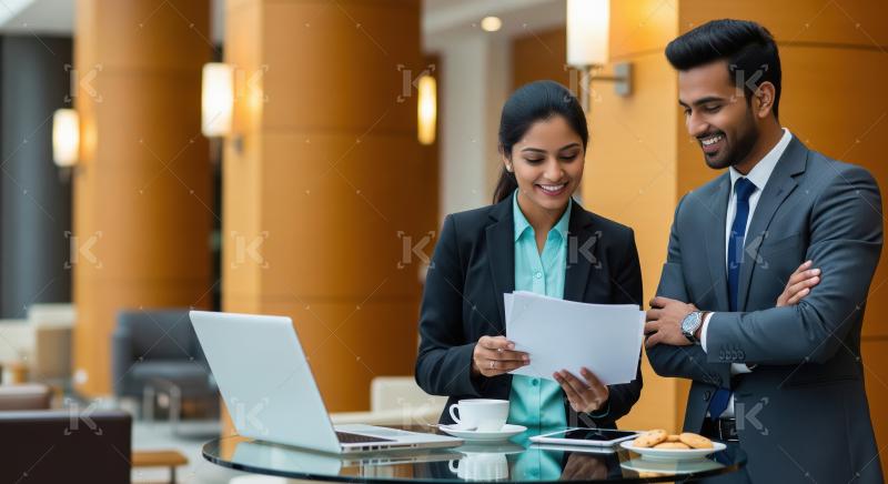 Two business professionals standing at a high table in a modern