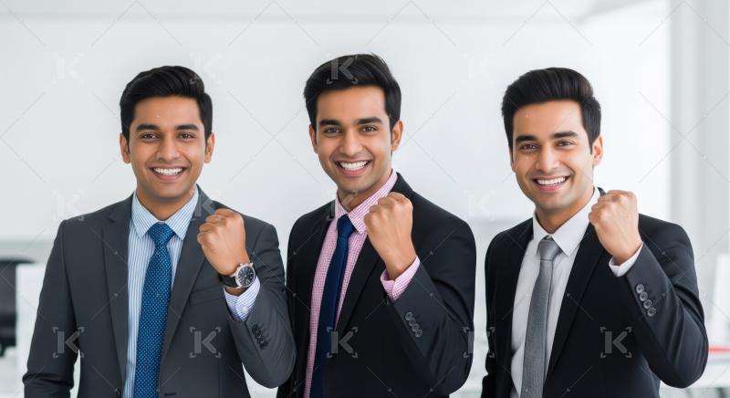 Three confident young businessmen in suits stand side by side wi