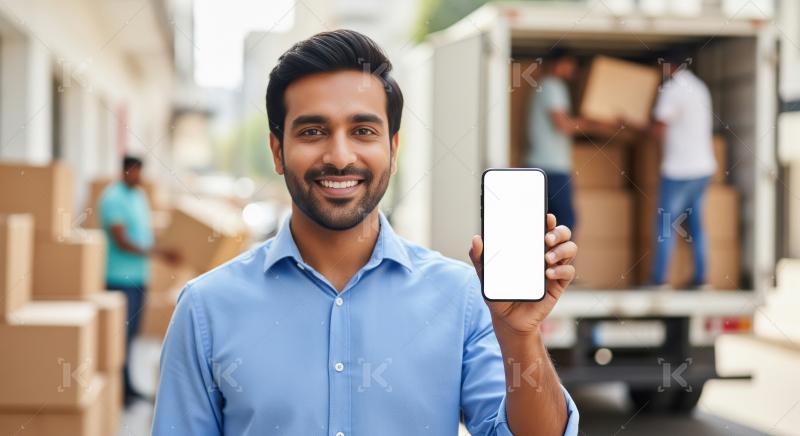 Young delivery entrepreneur standing in front of a loaded truck,
