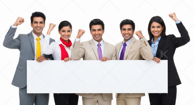 Group of confident young professionals in business attire raisin