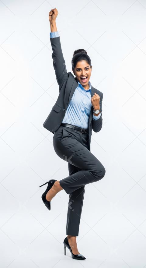 Joyful young businesswoman in a sleek suit jumping with one arm