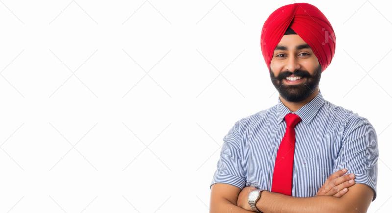 Confident young Sikh professional in a striped shirt and red tur