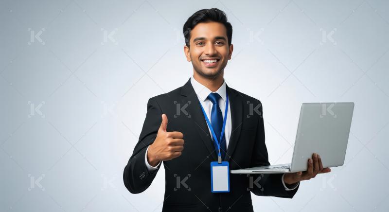 Confident young professional in a black suit gives a thumbs up w