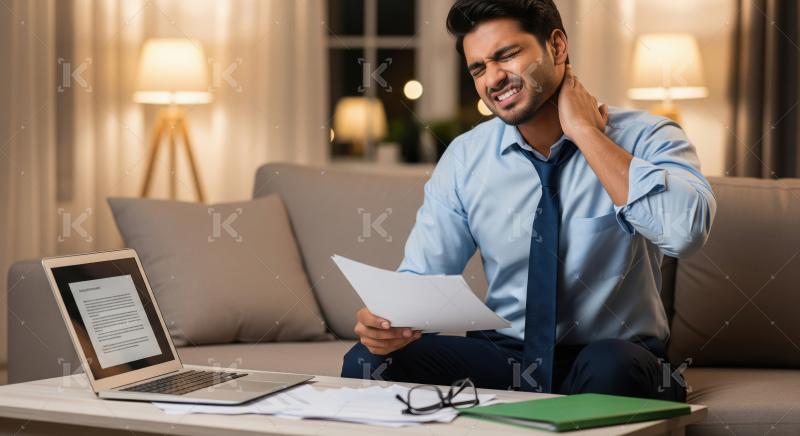 A tired young professional sits on his living room sofa late at