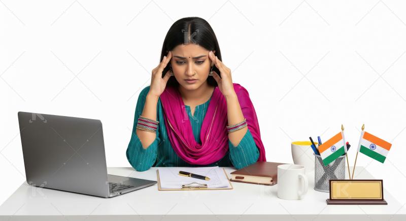 A young Indian woman in traditional attire sits at her office de