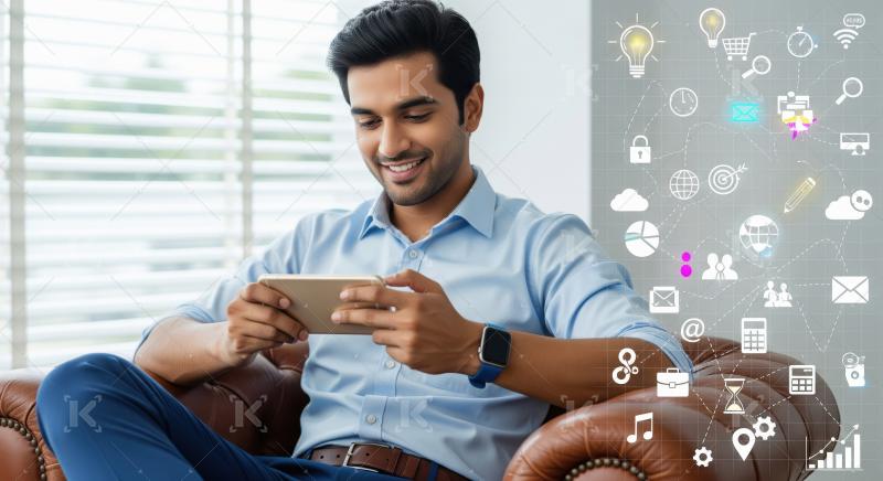 A relaxed young professional lounges on a leather chair using a