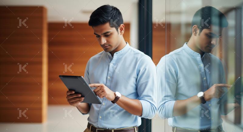 A focused young professional stands by a glass wall using a digi