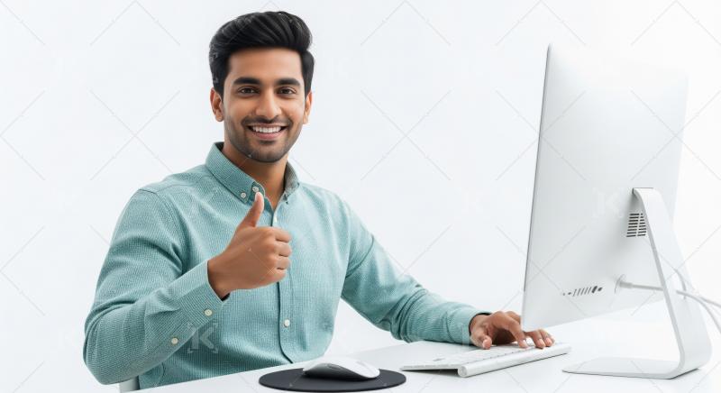 A cheerful young professional sits at a modern desktop computer
