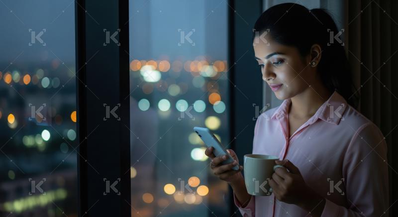 A young Indian woman in a pink shirt stands by a large window at