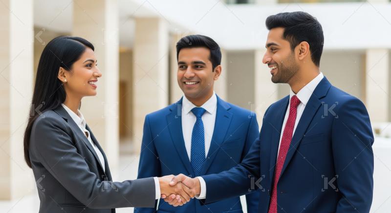 A group of three young Indian professionals in formal suits stan