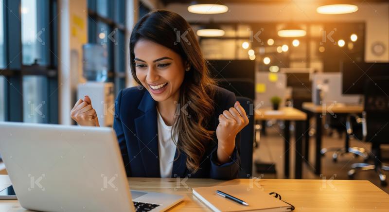 A joyful businesswoman in a modern office celebrates in front of