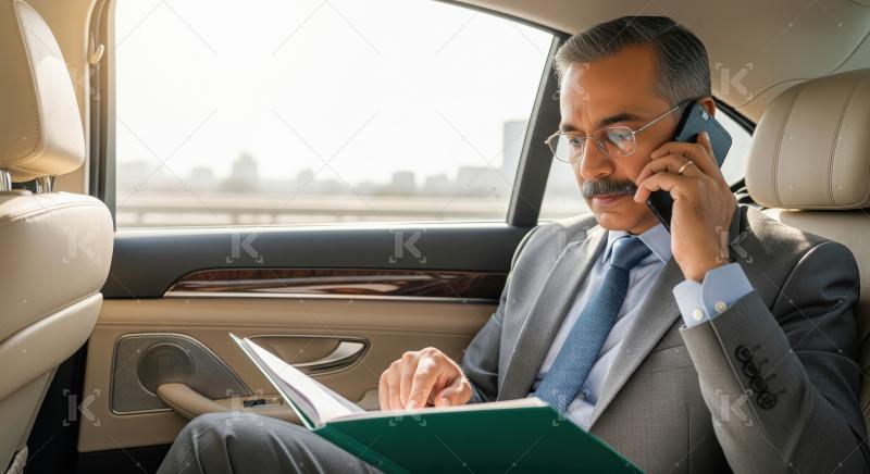 A middle-aged Indian businessman in a suit sits in the backseat
