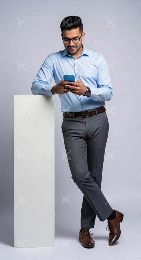 A well-dressed young man in business casual attire leans against