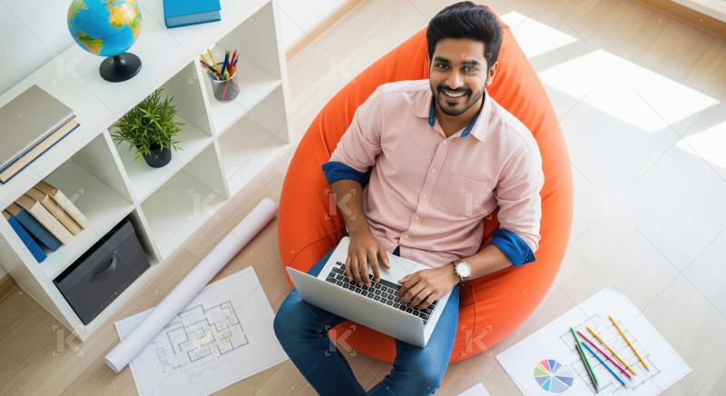A young creative professional works on a laptop while lounging o