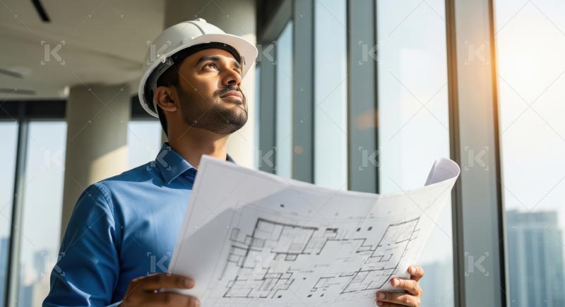 A focused architect in a hard hat studies detailed building blue
