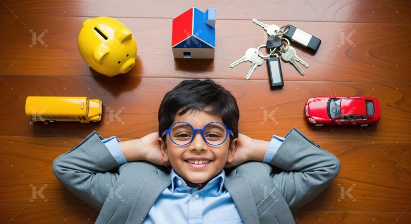 A cheerful young Indian boy in a blazer relaxes on a wooden floo