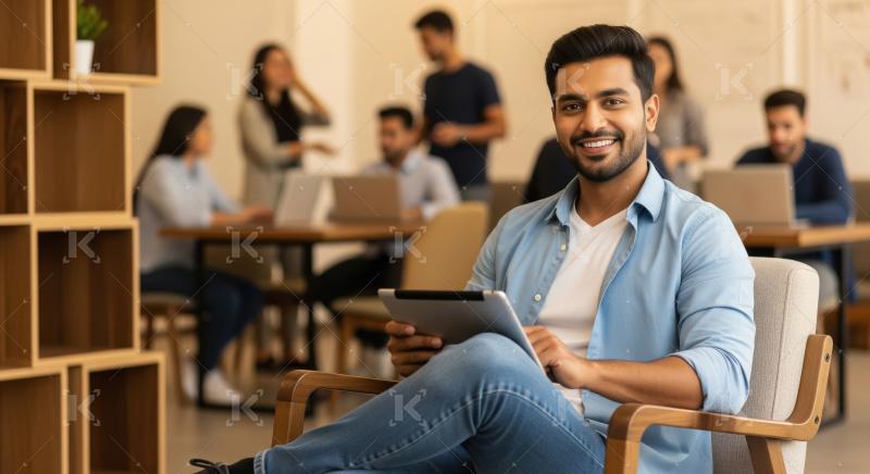 A confident young professional sits with a digital tablet in a m
