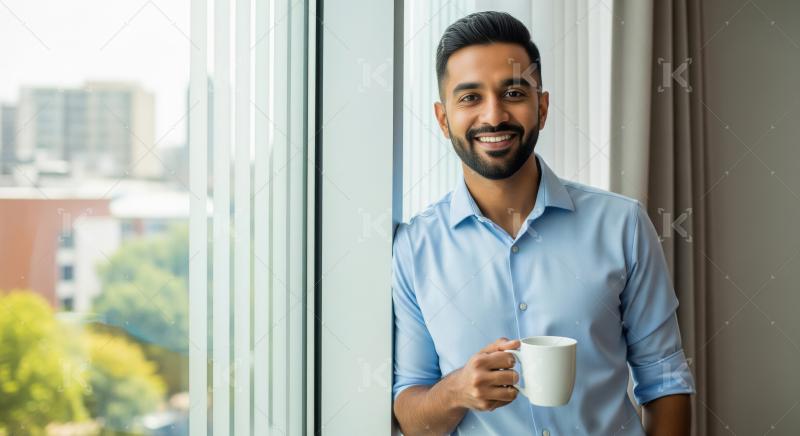 A thoughtful young professional stands by a bright office window