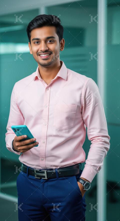 A stylish young professional in a pink shirt stands in a modern