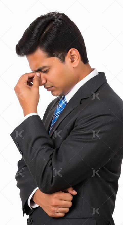 A young businessman in a suit stands against a white background,