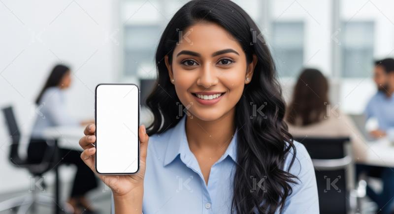 A young Indian businesswoman in a modern office holds up a smart