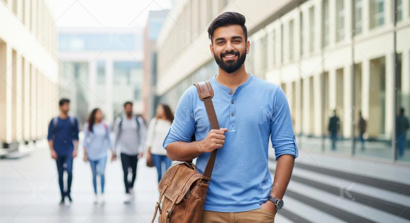 A confident young Indian college student with a shoulder bag sta