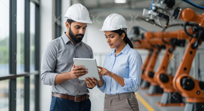 A male and female engineer wearing safety helmets review data on