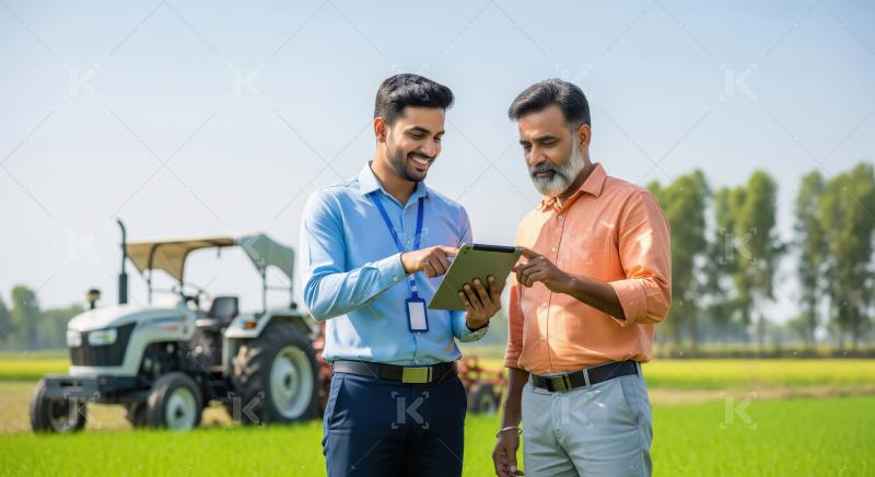 A field officer and a farmer stand in a lush green field beside
