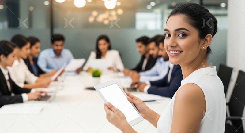 Corporate woman suign tablet at meeting and looking on camera