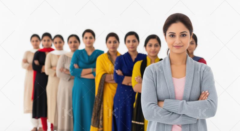 Confident Indian women standing in a line with arms crossed, sym