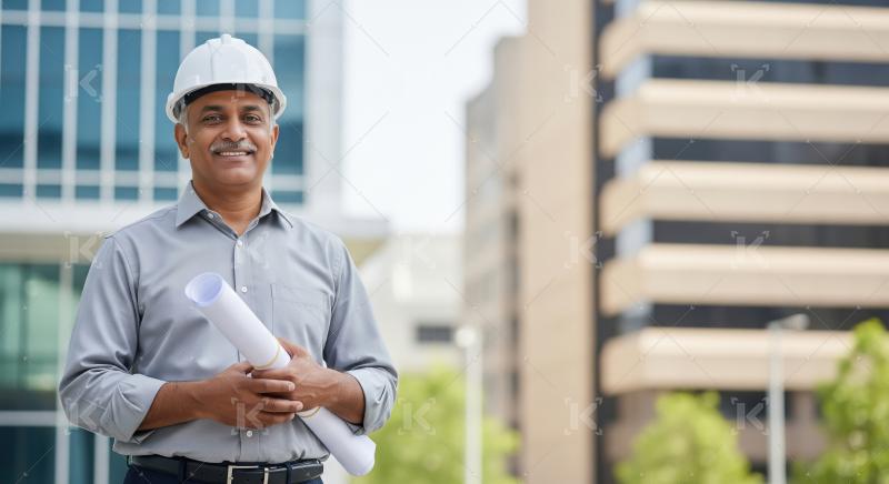 Confident Indian male architect wearing a safety helmet and hold