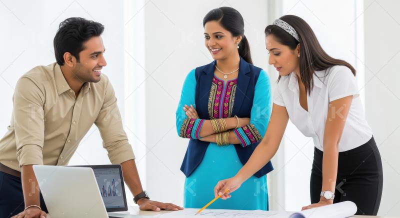 Diverse Indian business team standing around a desk with laptop