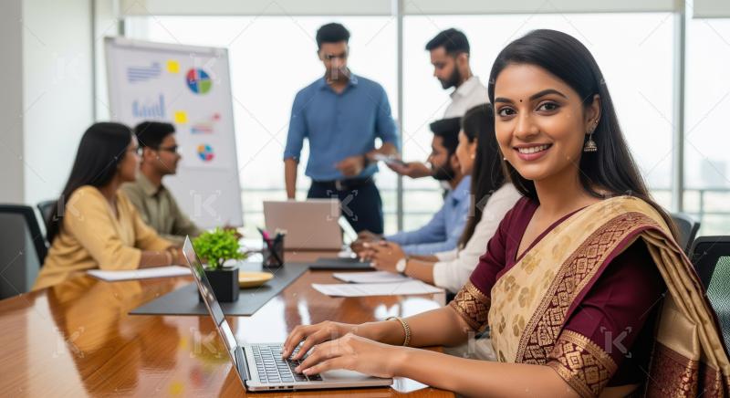 Confident Indian businesswoman in an elegant saree working on a