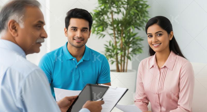 A smiling young couple consults with an experienced advisor in a