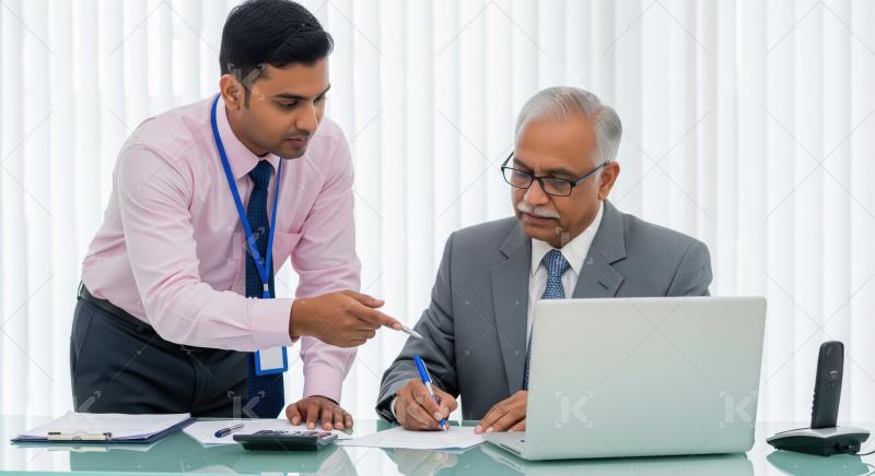 A young professional guides his senior manager through a documen