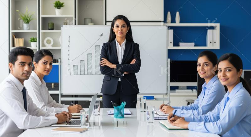 A confident businesswoman leads a diverse team in a boardroom me