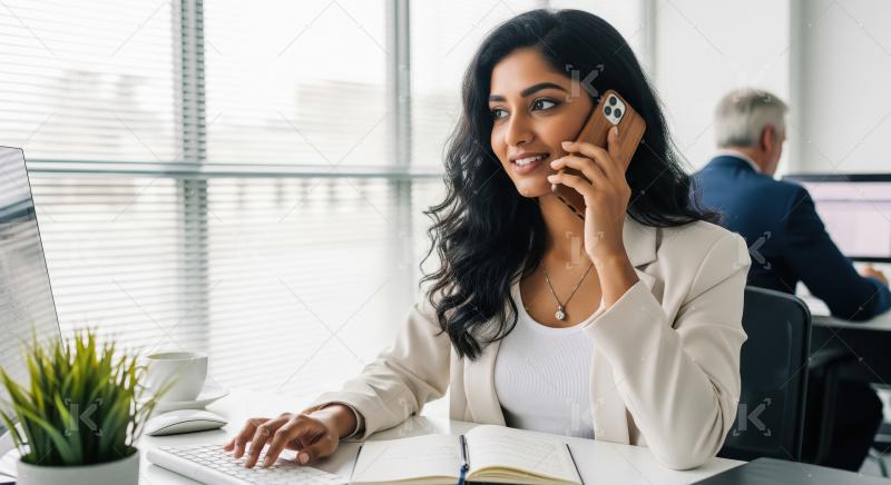 Corporate woman talking on smartphone while working in office