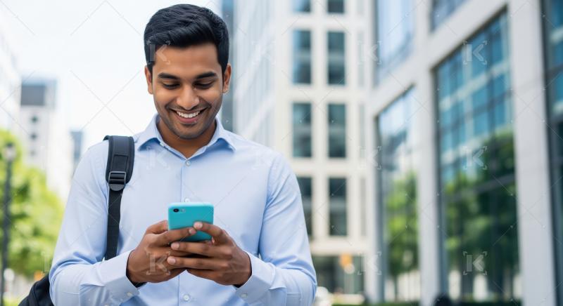 A young Indian professional with a backpack stands in a modern c