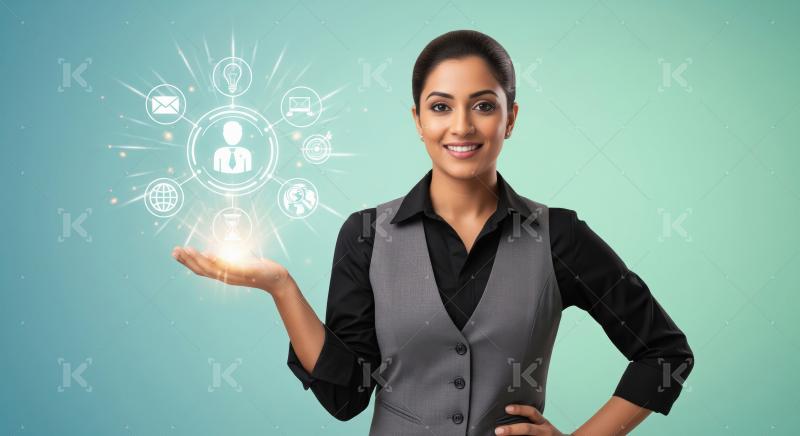 A smiling young professional woman presents glowing digital busi