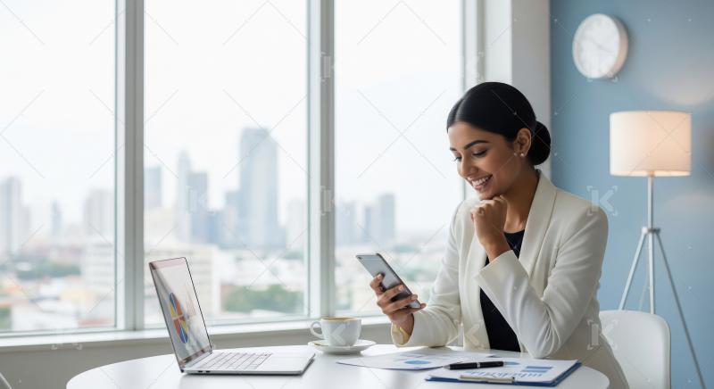 A focused young businesswoman in a white blazer sits by a bright