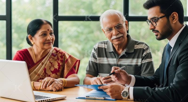 A young financial advisor explains investment documents to a smi